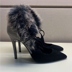 NWT MADE IN ITALY GIOVANNA GRAZINNI LEATHER Black Stiletto Heels with Fur Trim